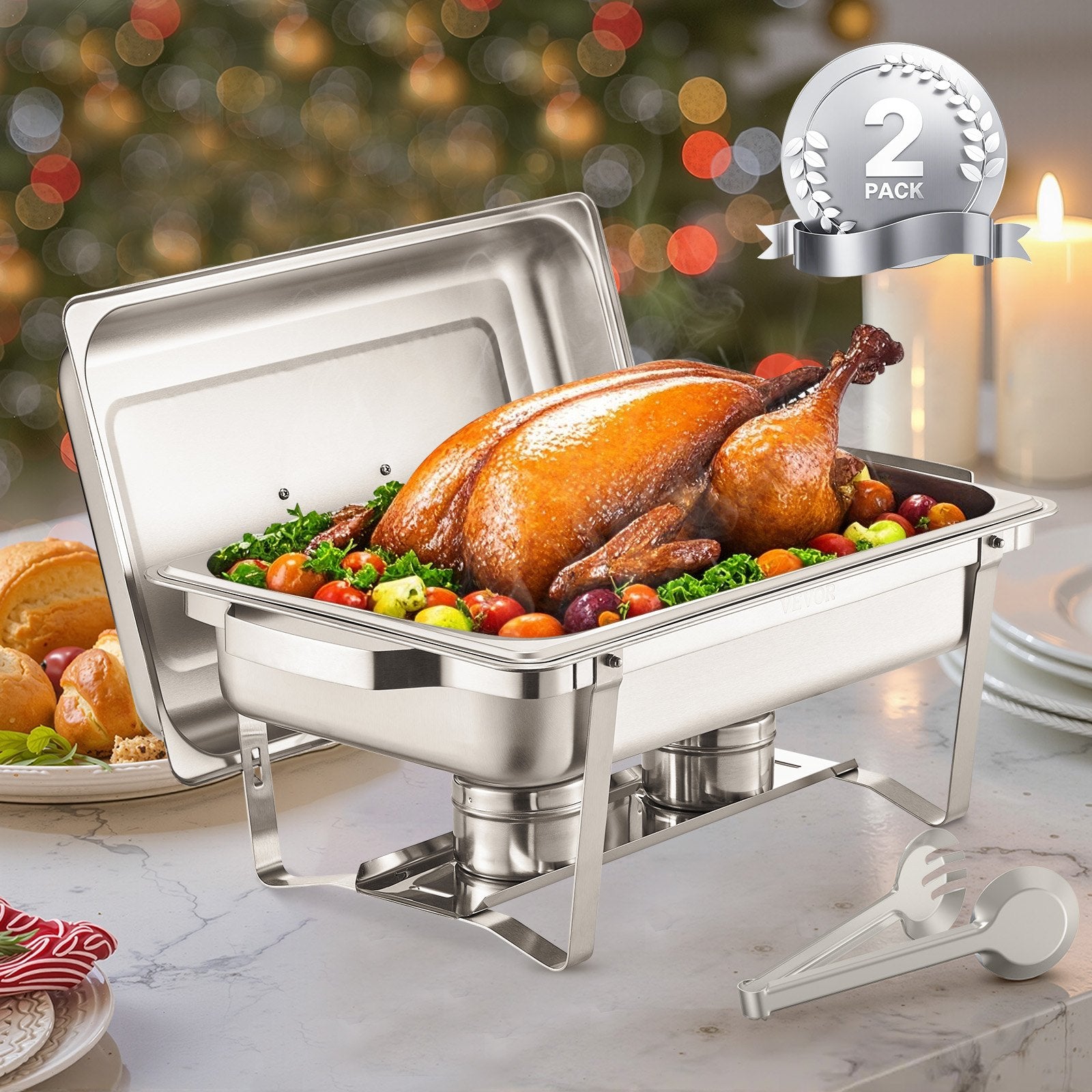 VEVOR 8 Qt 2 Pack Rectangle Chafing Dish Buffet Set Fullsize Pan Stainless Steel