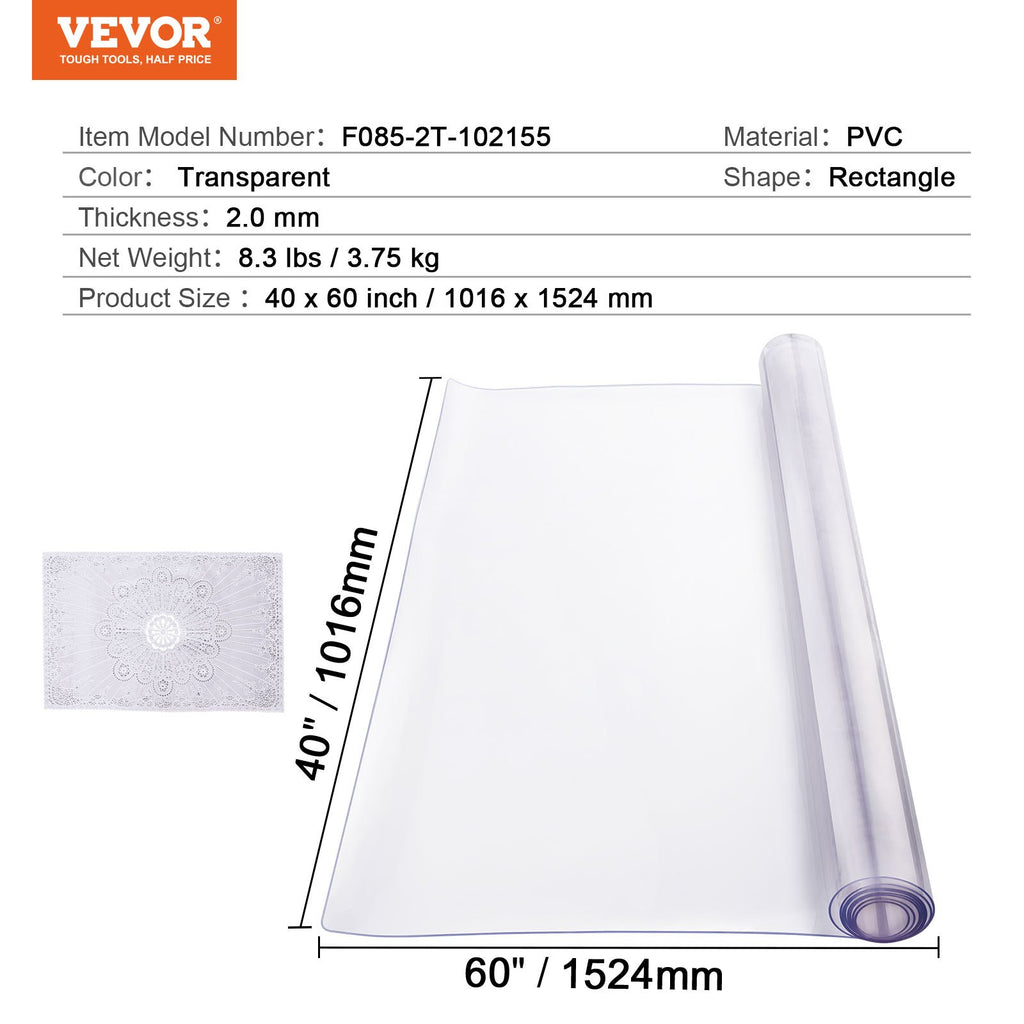 VEVOR Plastic Table Cover, 40 x 60 Inch 2.0 mm Thick Clear Table Protector, Rectangle PVC Desk Mat, Waterproof & Easy Cleaning Desk Pad Tablecloth, for Office Dresser Dining Room Table Night Stand