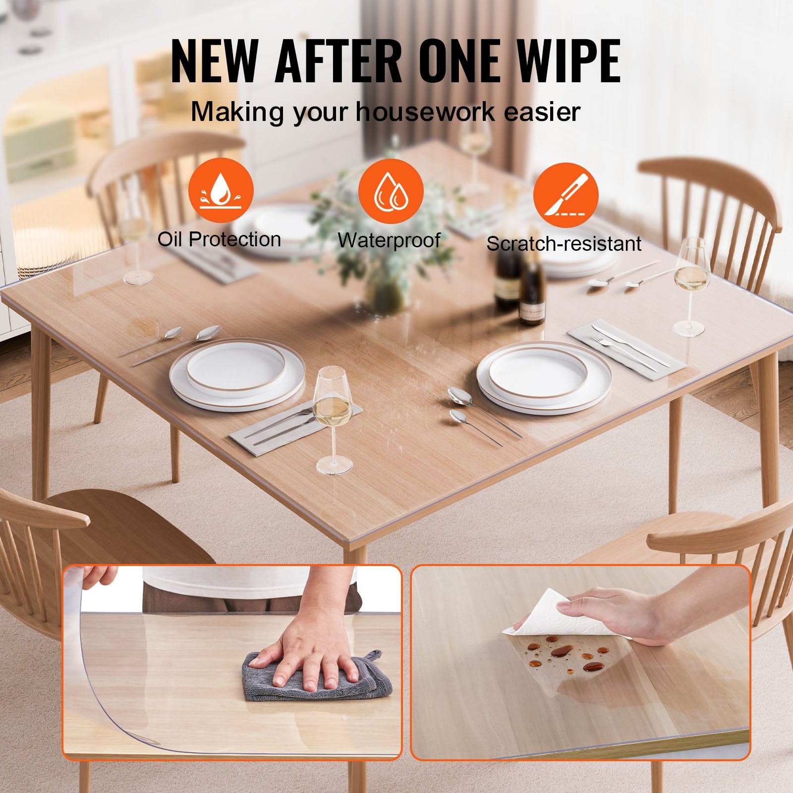 VEVOR Plastic Table Cover, 48 x 48 Inch 1.5 mm Thick Clear Table Protector, Square PVC Desk Mat, Waterproof & Easy Cleaning Desk Pad Tablecloth, for Office Dresser Dining Room Table Night Stand