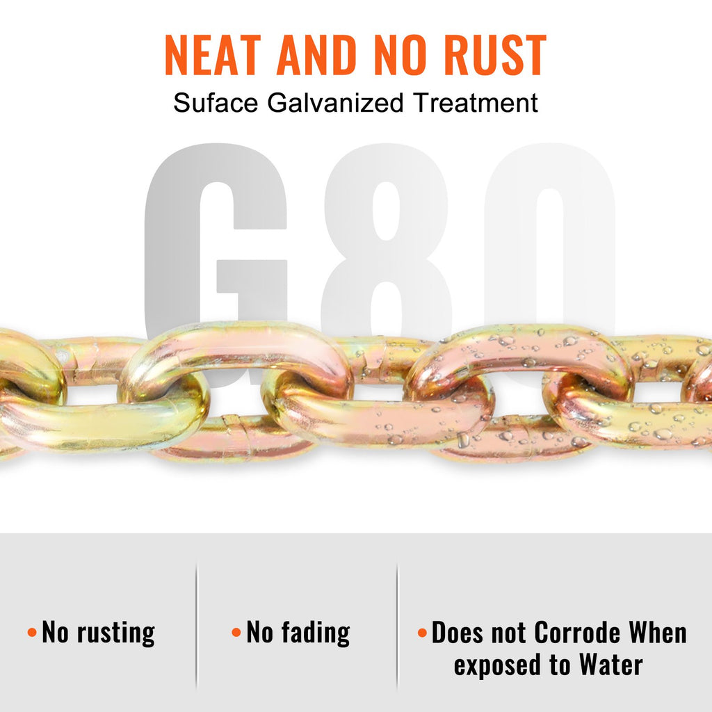 VEVOR Transport Binder Chain, 220 kg Working Load Limit, 3/8'' x 20' G80 Tow Chain Tie Down with Grab Hooks, DOT Certified, Galvanized Coating Manganese Steel for Dock Factory Construction Site