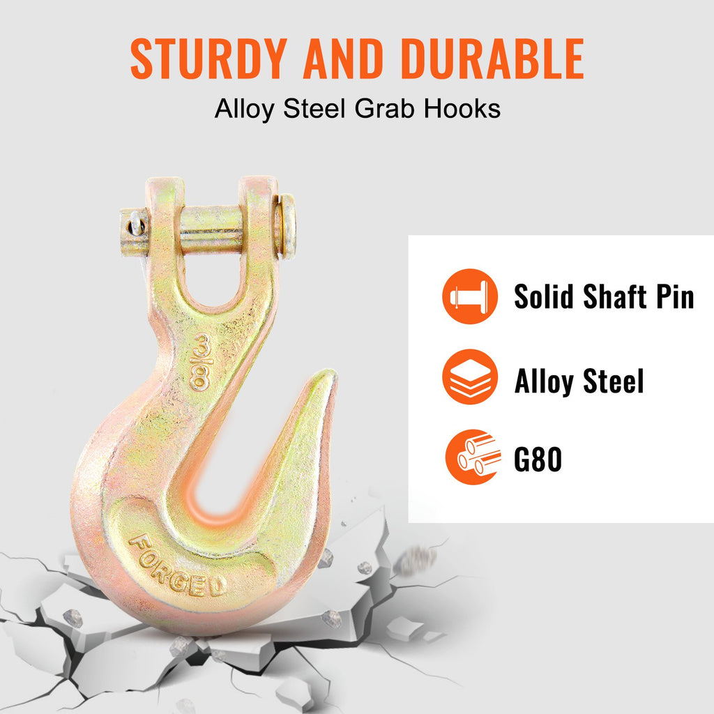 VEVOR Transport Binder Chain, 220 kg Working Load Limit, 3/8'' x 20' G80 Tow Chain Tie Down with Grab Hooks, DOT Certified, Galvanized Coating Manganese Steel for Dock Factory Construction Site