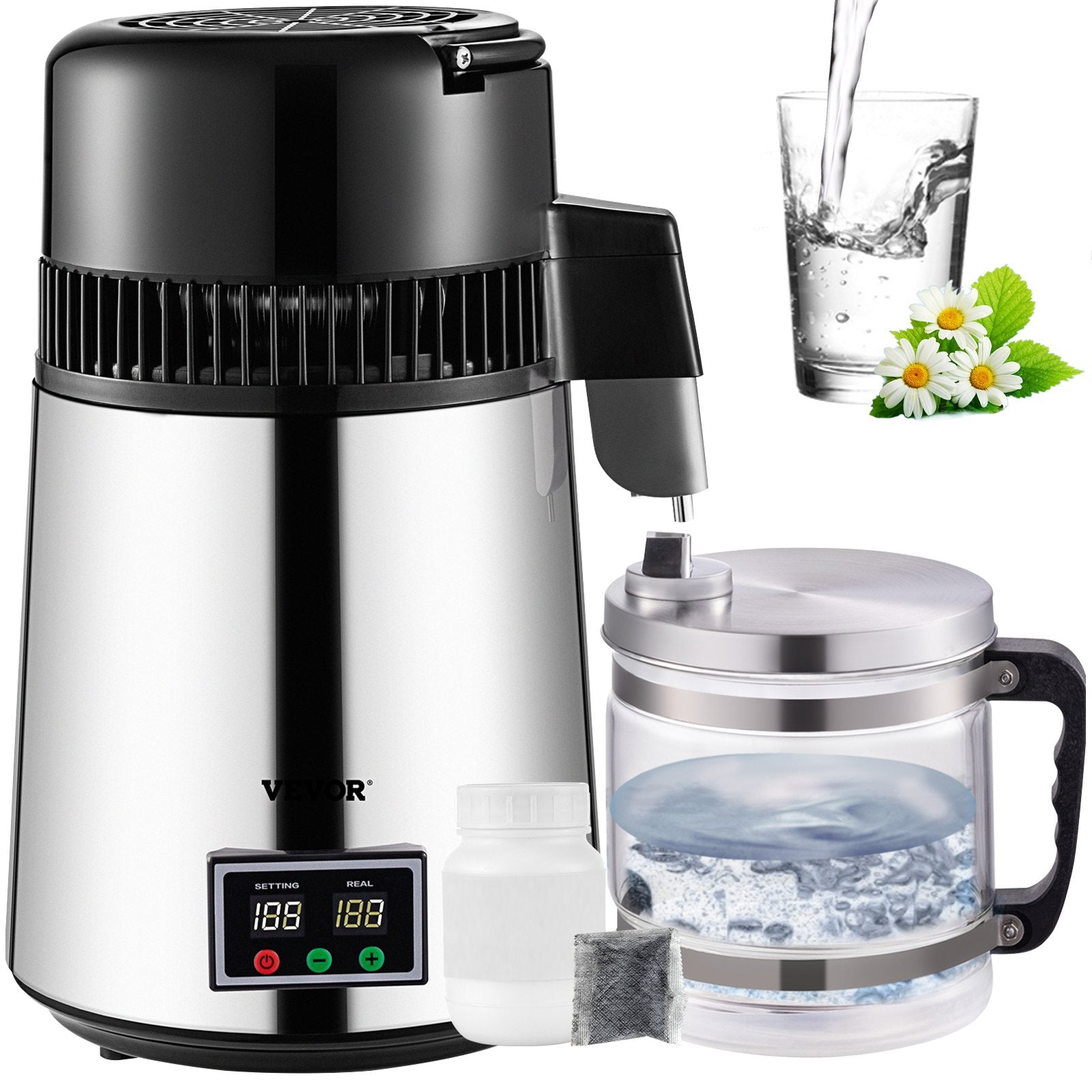 VEVOR 1.1 Gal Water Distiller, 0.3 Gal/H, 750W Distilled Water Maker Machine 0-99H Timing Set Temp Display, 304 Stainless Steel Countertop Distiller Glass Carafe Cleaning Powder 3 Carbon Packs, Silver