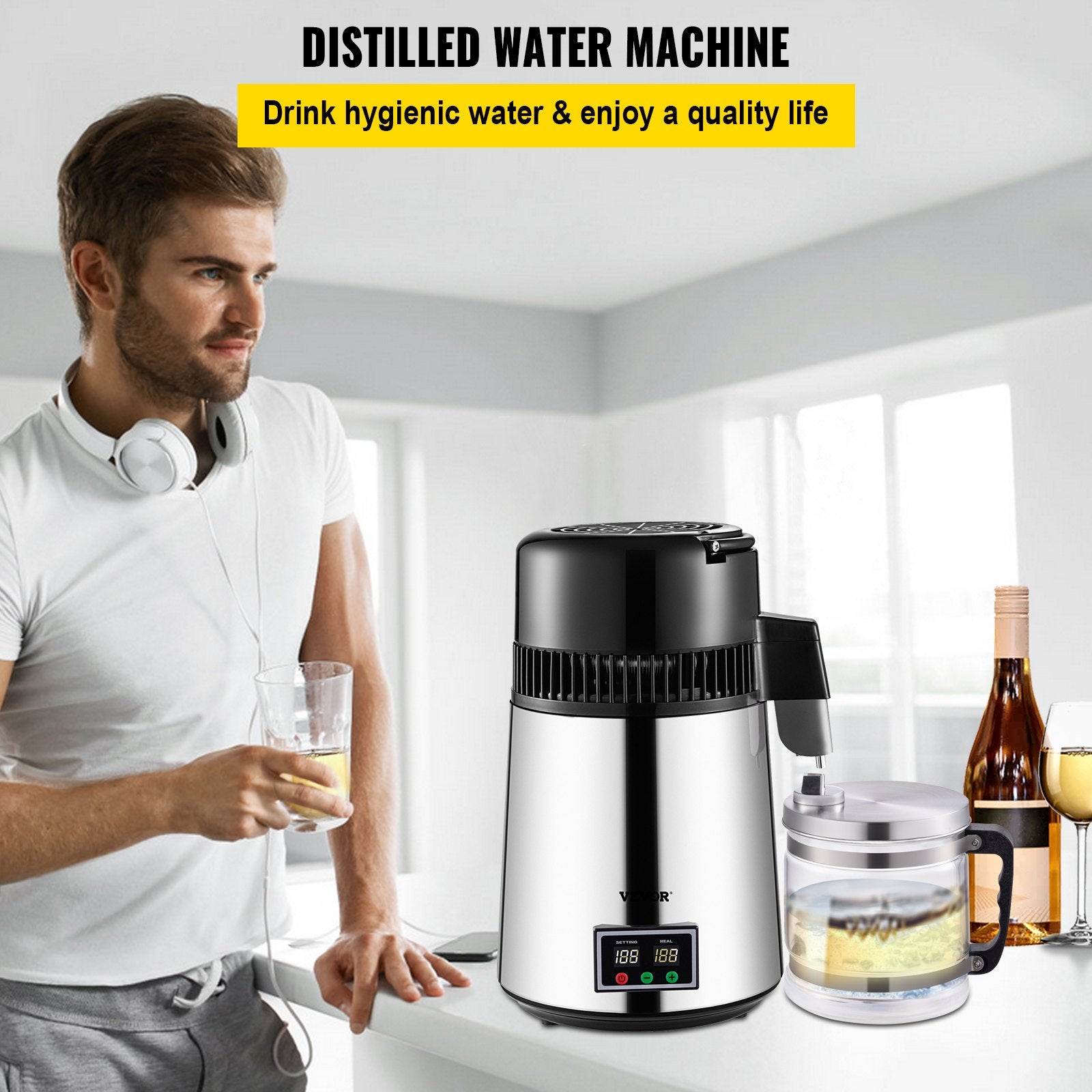 VEVOR 1.1 Gal Water Distiller, 0.3 Gal/H, 750W Distilled Water Maker Machine 0-99H Timing Set Temp Display, 304 Stainless Steel Countertop Distiller Glass Carafe Cleaning Powder 3 Carbon Packs, Silver