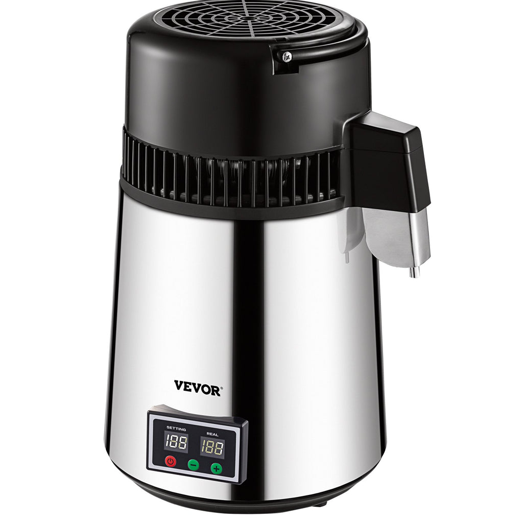 VEVOR 1.1 Gal Water Distiller, 0.3 Gal/H, 750W Distilled Water Maker Machine 0-99H Timing Set Temp Display, 304 Stainless Steel Countertop Distiller Glass Carafe Cleaning Powder 3 Carbon Packs, Silver