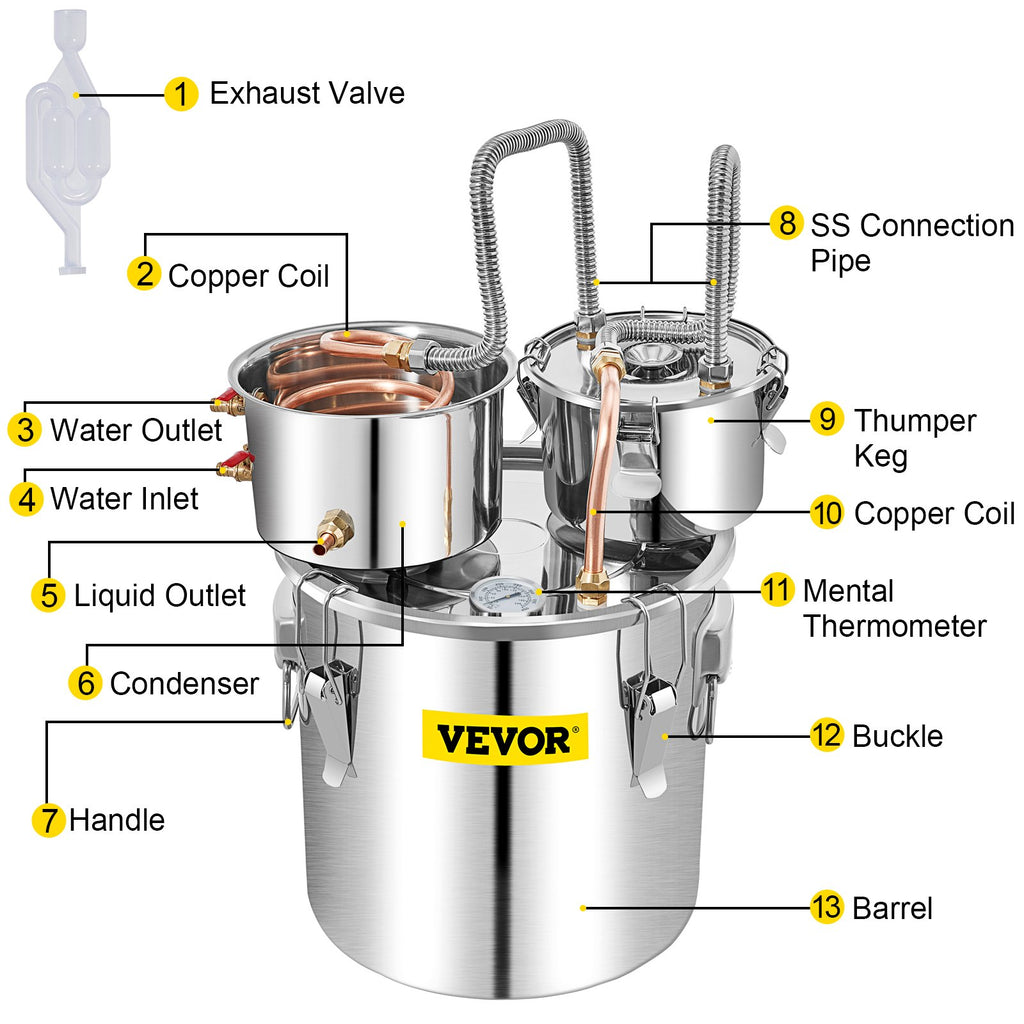 VEVOR Moonshine Still Water Alcohol Distiller 50L w/Thumper Keg & Water Pump