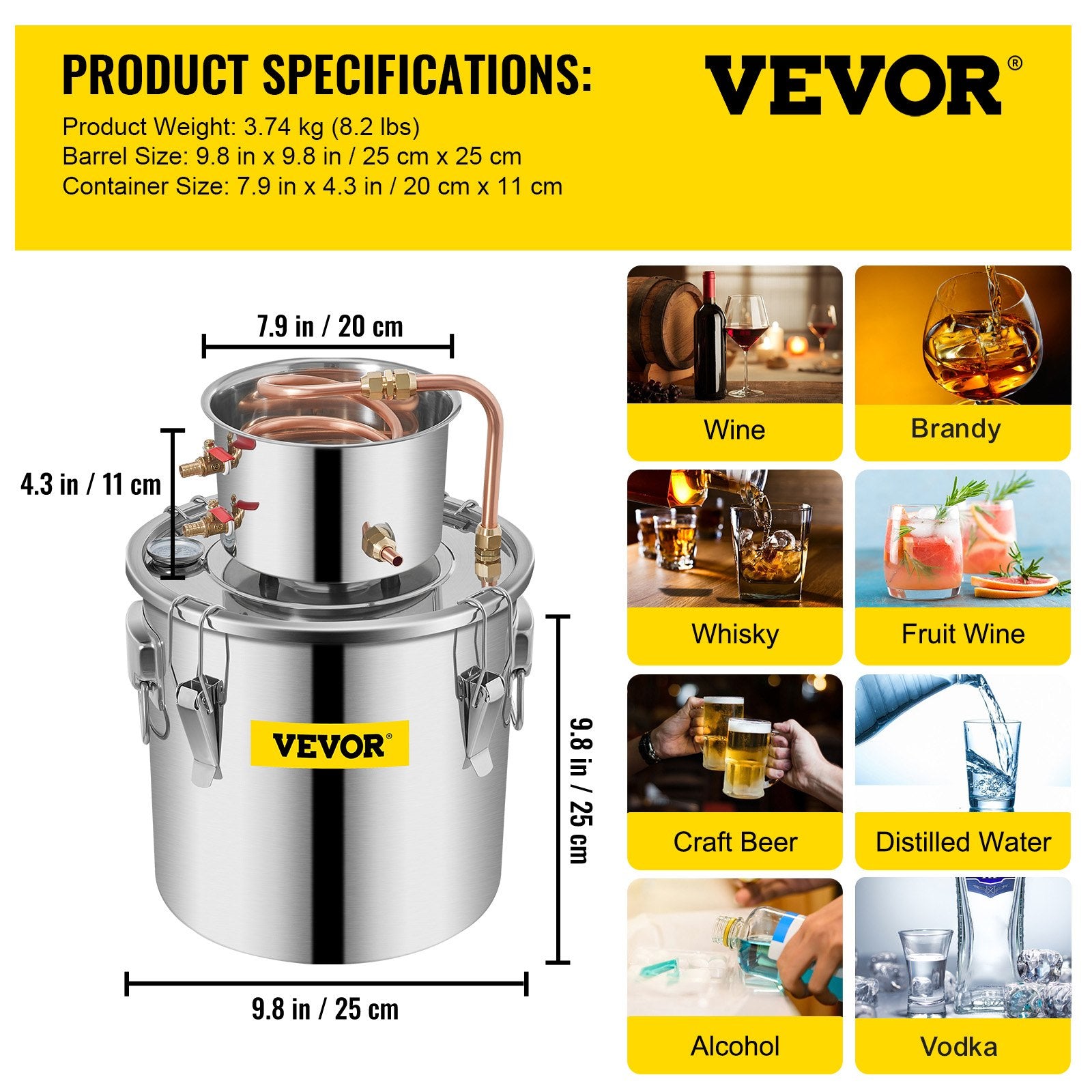 VEVOR Moonshine Still 3 Gal 12L Stainless Steel Water Alcohol Distiller Copper Tube Home Brewing Kit Build-in Thermometer for DIY Whisky Wine Brandy, 3Gal, Sliver