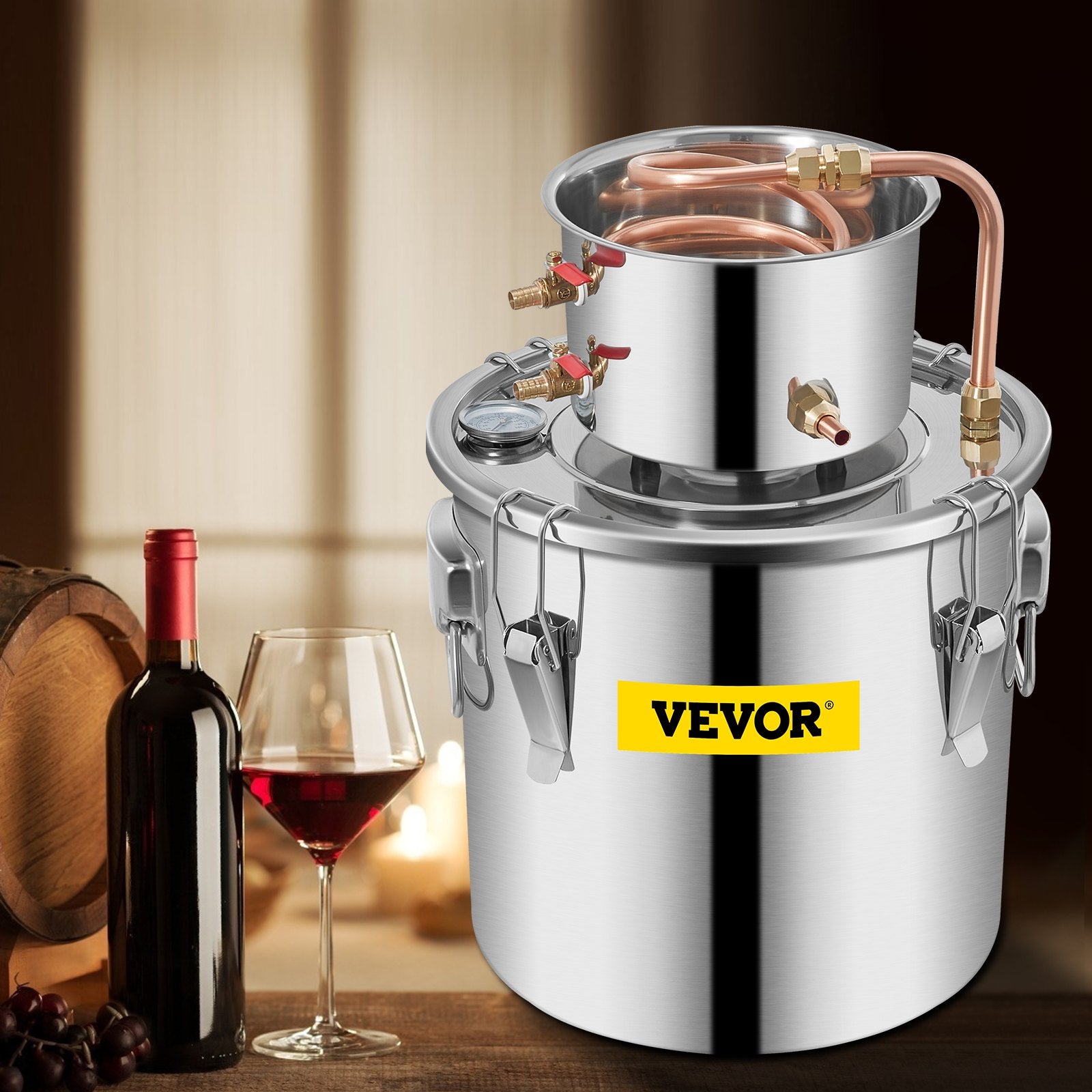 VEVOR Moonshine Still 3 Gal 12L Stainless Steel Water Alcohol Distiller Copper Tube Home Brewing Kit Build-in Thermometer for DIY Whisky Wine Brandy, 3Gal, Sliver