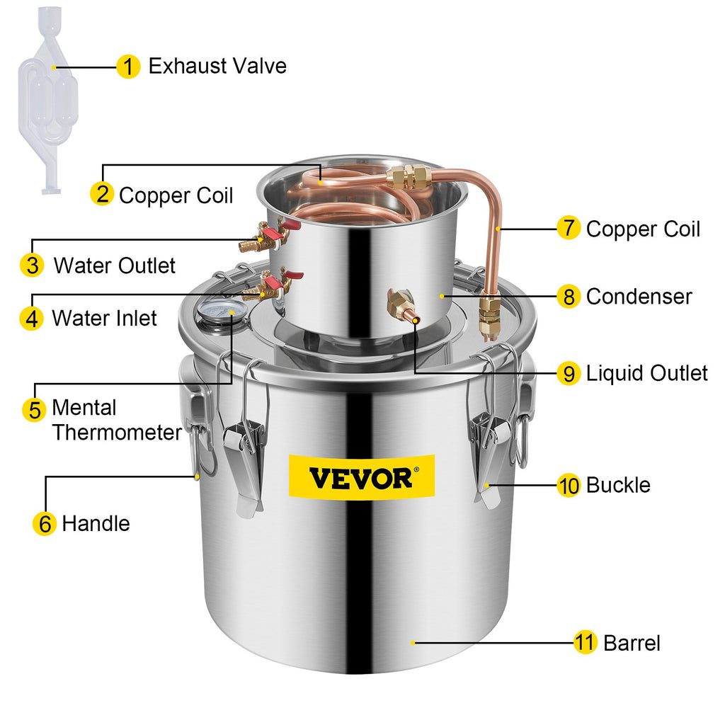 VEVOR Moonshine Still 9.6Gal 38L Stainless Steel Water Alcohol Distiller Copper Tube Home Brewing Kit Build-in Thermometer for DIY Whisky Wine Brandy, Sliver