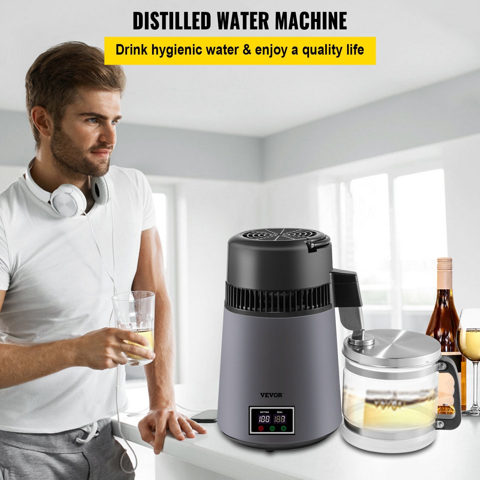 VEVOR Home Water Distiller Distilled Water Maker 4 L with Dual Temp Display Grey