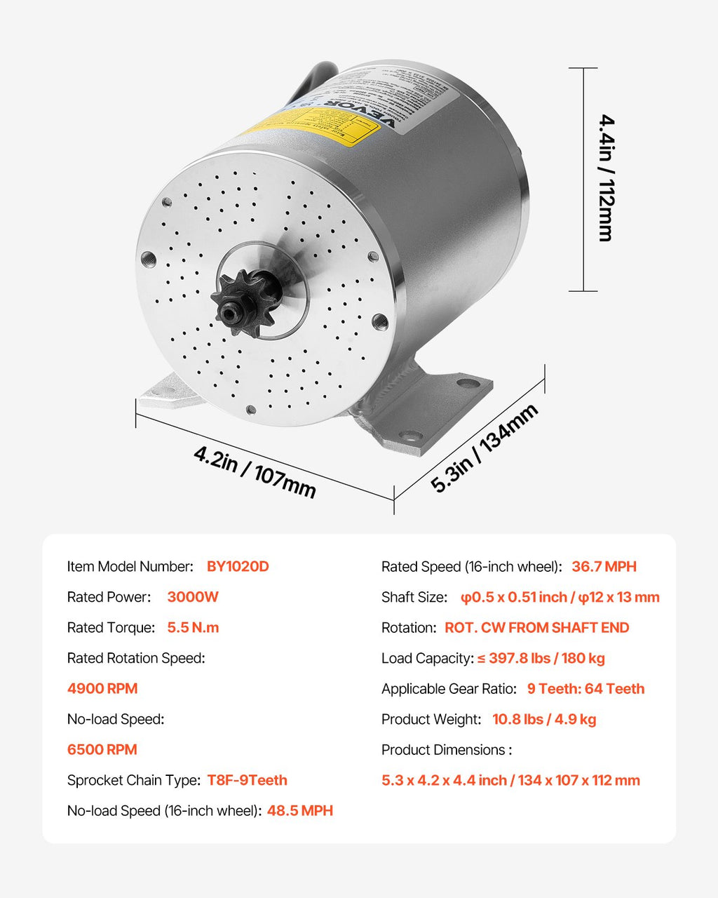 VEVOR 3000W Electric Brushless DC Motor, 72V 4900rpm Go Kart Electric Motor, Electric Dirt Bike Motor Engine for E-Bike Motorcycle Scooter DIY