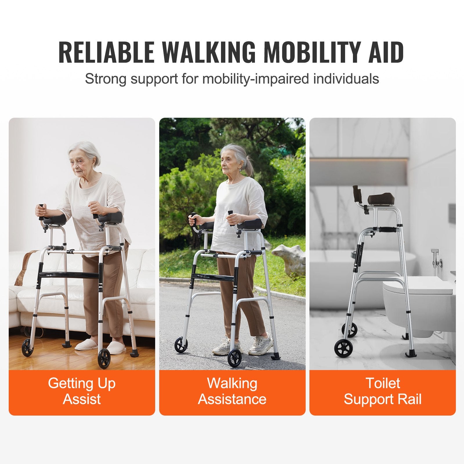 VEVOR 2 in 1 Folding Walker & Removable Armrests, Height Adjustable Foldable Walker with 5" Solid Wheels, Lightweight Aluminum | Front Wheeled Mobility Aid for Elderly Handicapped Disabled, 450 Pounds