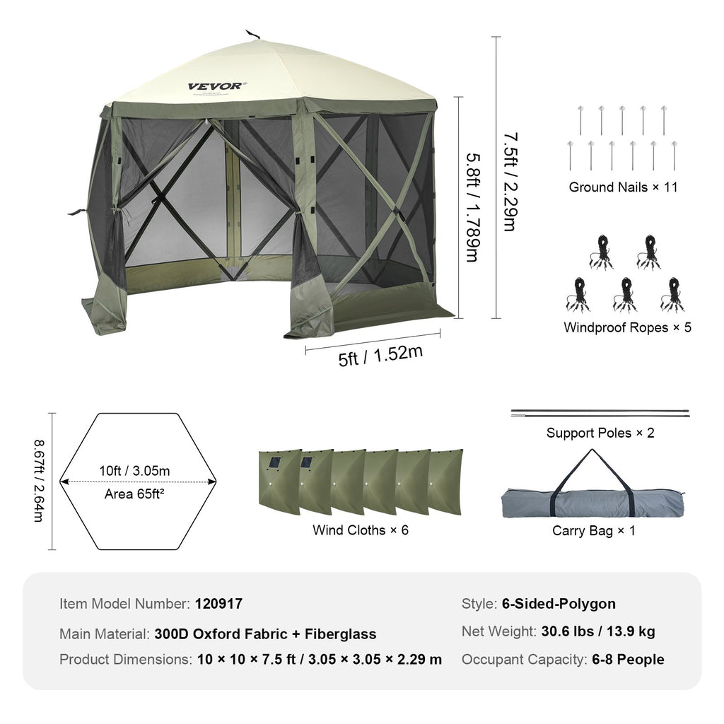 VEVOR Pop Up Gazebo Tent, Pop-Up Screen Tent 6 Sided Canopy Sun Shelter with 6 Removable Privacy Wind Cloths & Mesh Windows, 10x10FT Quick Set Screen Tent with Mosquito Netting, Army Green