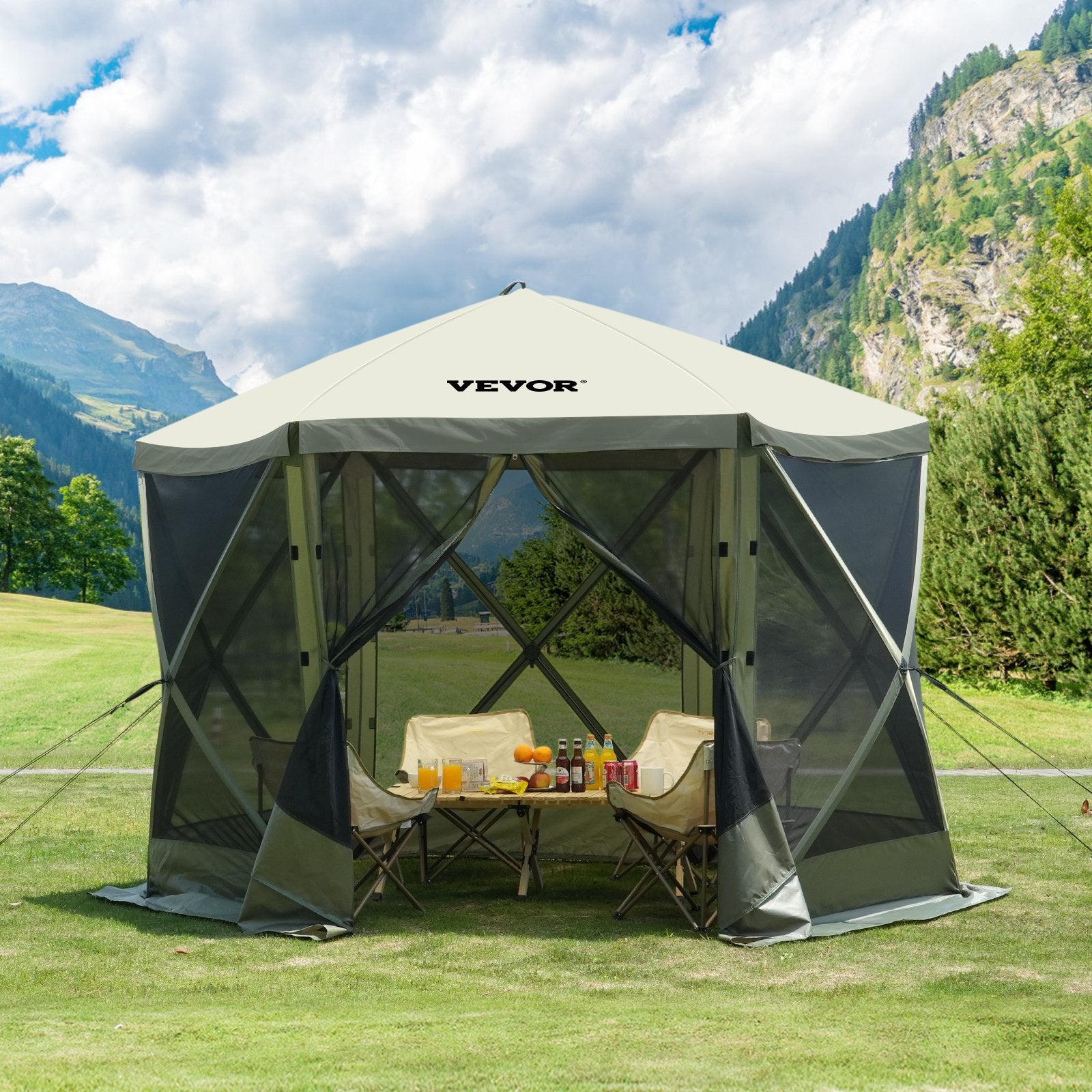 VEVOR Pop Up Gazebo Tent, Pop-Up Screen Tent 6 Sided Canopy Sun Shelter with 6 Removable Privacy Wind Cloths & Mesh Windows, 10x10FT Quick Set Screen Tent with Mosquito Netting, Army Green