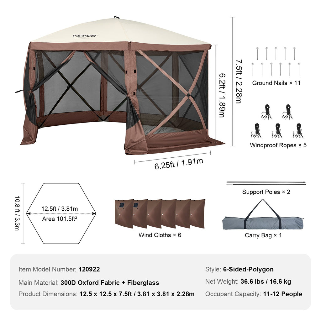VEVOR Pop Up Gazebo Tent, Pop-Up Screen Tent 6 Sided Canopy Sun Shelter with 6 Removable Privacy Wind Cloths & Mesh Windows, 12.5x12.5FT Quick Set Screen Tent with Mosquito Netting, Brown