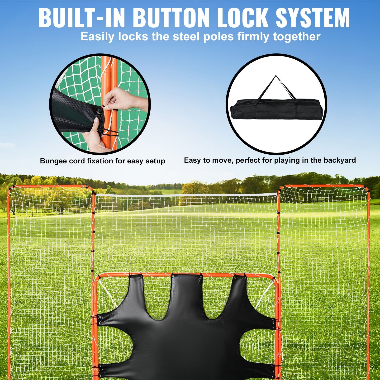 VEVOR 3-IN-1 Lacrosse Goal with Backstop and Target,3.7mx2.7m Lacrosse Net, Steel Frame Backyard Lacrosse Rebounder Equipment, Quick & Easy Setup Training Net, Perfect for Youth Adult Training, Orange