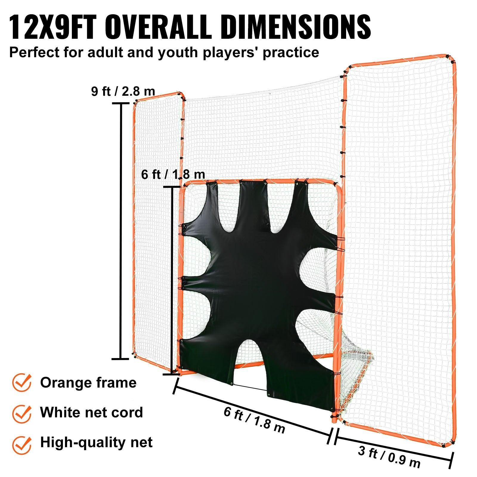 VEVOR 3-IN-1 Lacrosse Goal with Backstop and Target,3.7mx2.7m Lacrosse Net, Steel Frame Backyard Lacrosse Rebounder Equipment, Quick & Easy Setup Training Net, Perfect for Youth Adult Training, Orange
