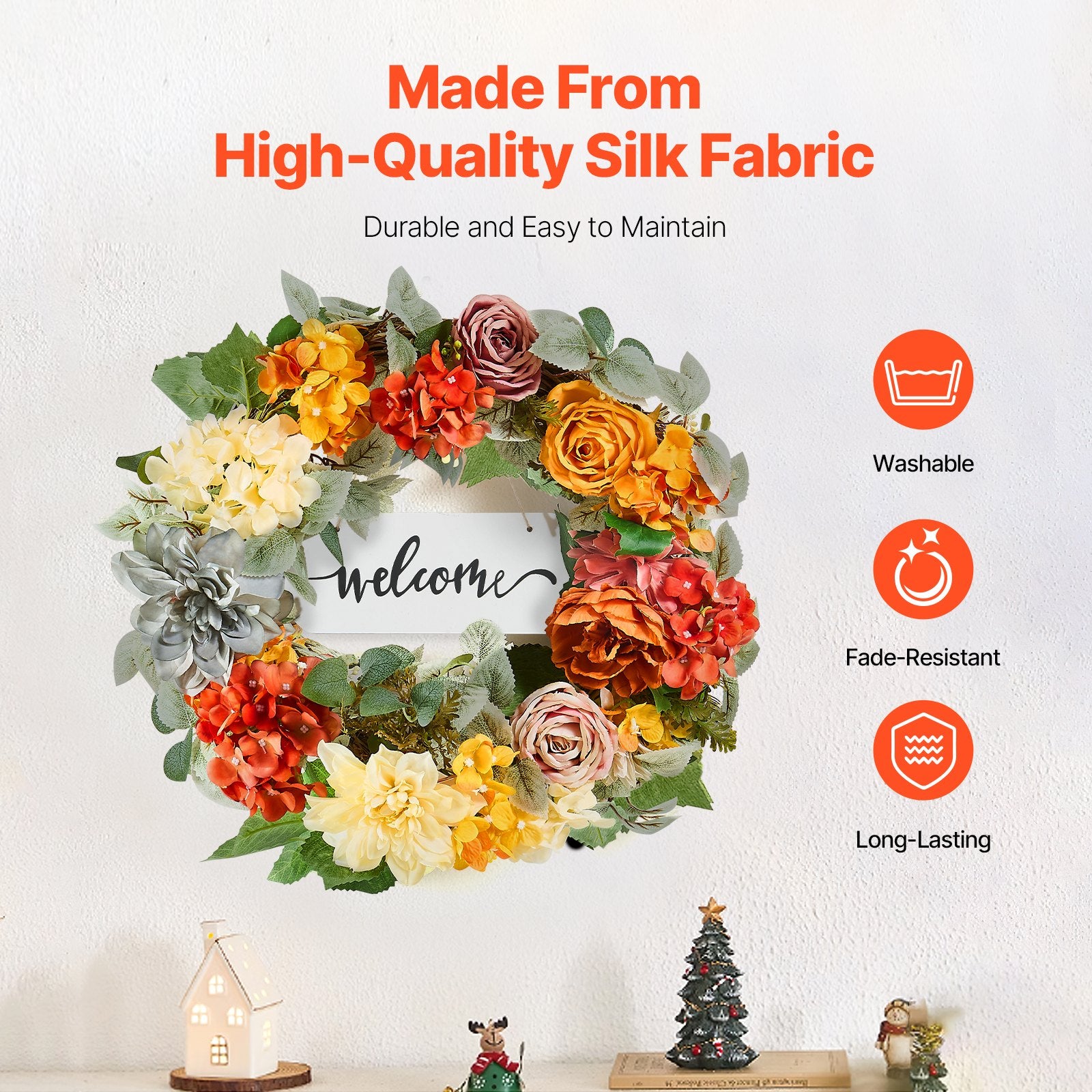VEVOR Artificial Decorative Wreath 60.96 cm Red Orange Yellow Hydrangeas Roses