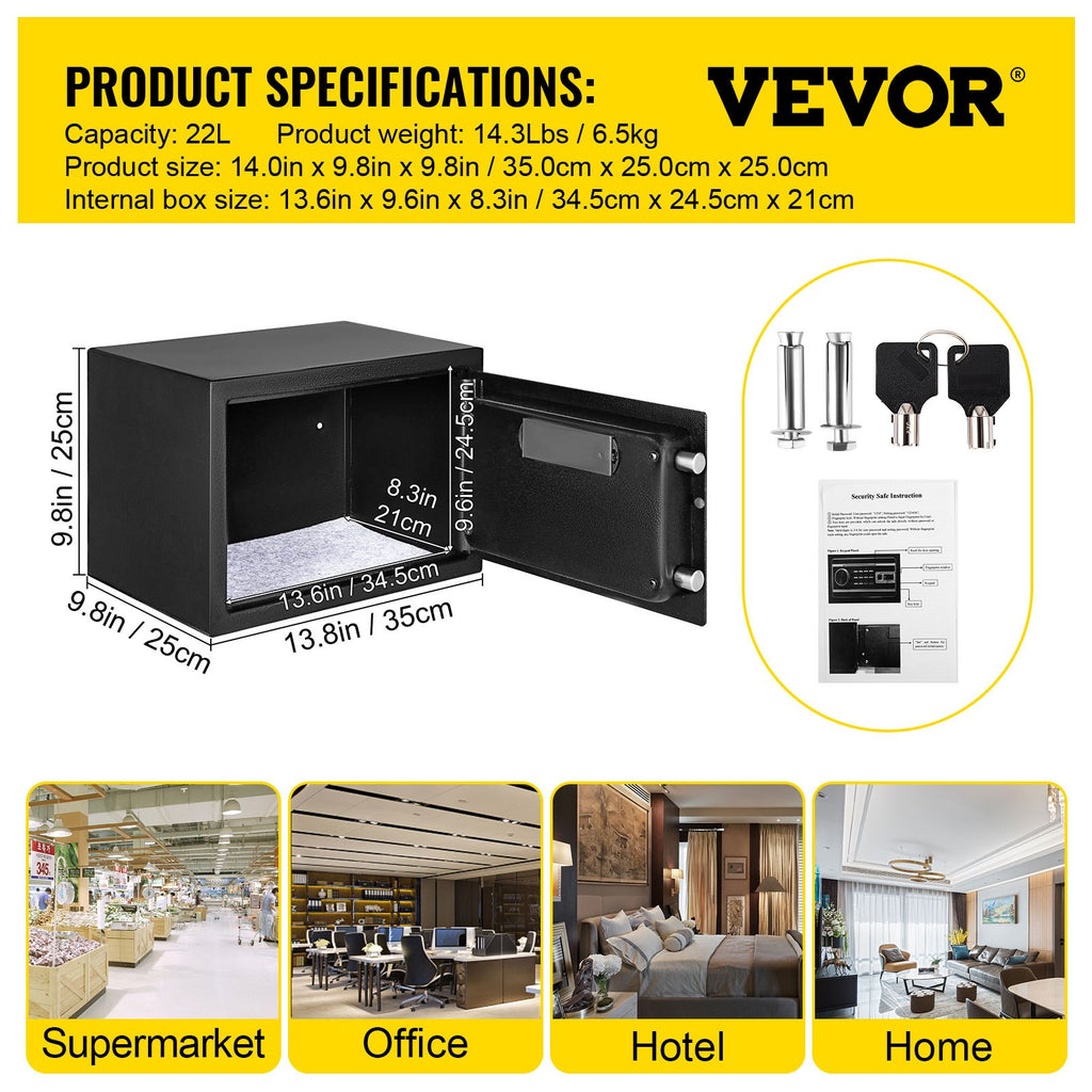VEVOR Safe Box, 0.8 CU.FT Fingerprint Safe Box for Money w/ 2 Keys & Digital Keypad, Q235 Steel Safe Box for Storing Cash, Jewelry, Pistols, Documents, Watches in Home & Office & Hotel