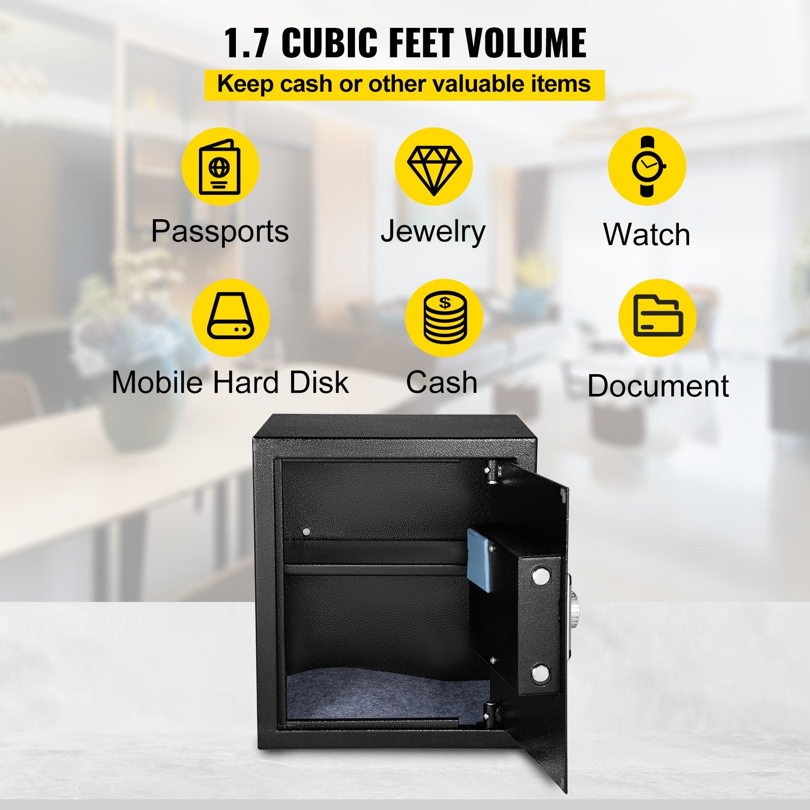 VEVOR Safe Box, 1.7 CU.FT Fingerprint Safe Box for Money with 2 Keys & Digital Keypad, Q235 Steel Safe Box for Storing Cash, Jewelry, Pistols, Documents, Watches in Home & Office & Hotel