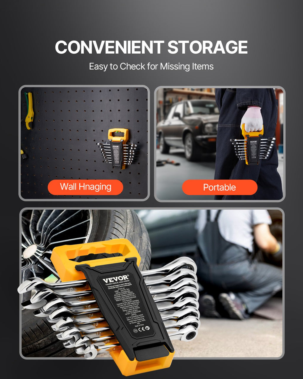 VEVOR Combination Wrench Set 8-Piece Metric 8 mm to 19 mm with Organizer Rack