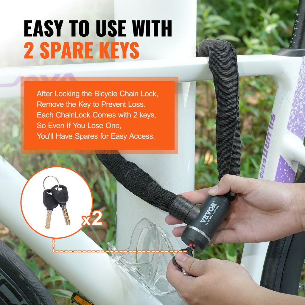 VEVOR Bike Chain Lock, 2.79 Ft Combination Bicycle Chain Lock with 2 Keys, Heavy Duty Anti-Theft High Security Bike Locks, Perfect for Bike, Motorcycle, Scooter, Bicycle, Door, Fence or Gate, 8mm