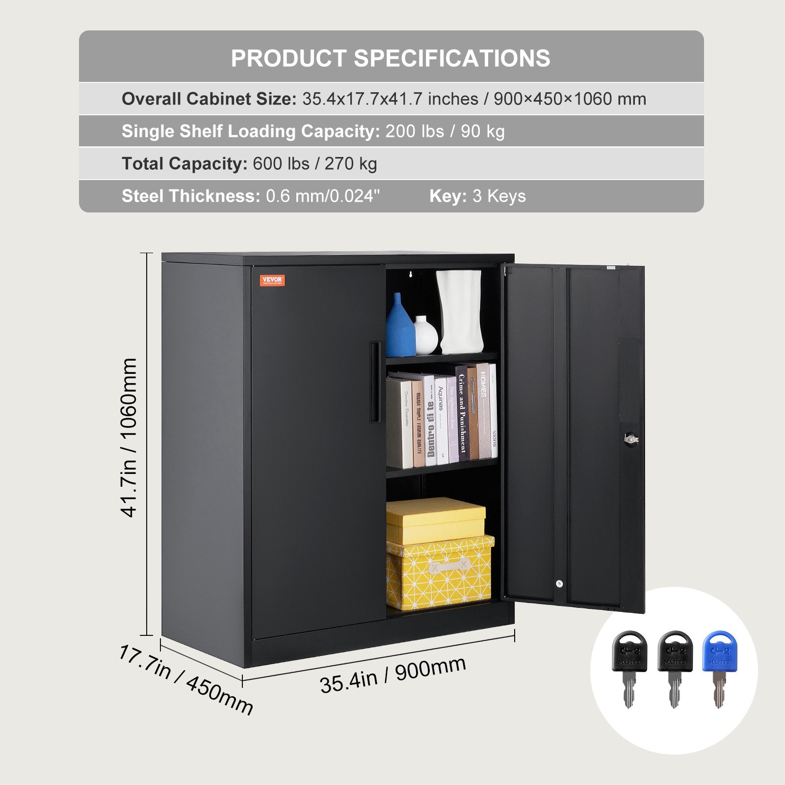 VEVOR Metal Storage Cabinet w/ 3 Keys 2 Adjustable Shelves & Magnetic Door Black