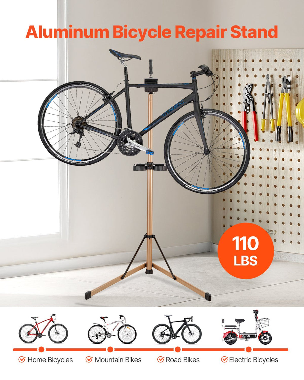 VEVOR Bike Repair Stand, Max. 49.9 kg Heavy-duty Bicycle Work Stand with 1025-1510 mm Adjustable Height & Large Tool Tray, Foldable Ebike Maintenance Rack, Shop Home Mechanics for Mountain Road Bike