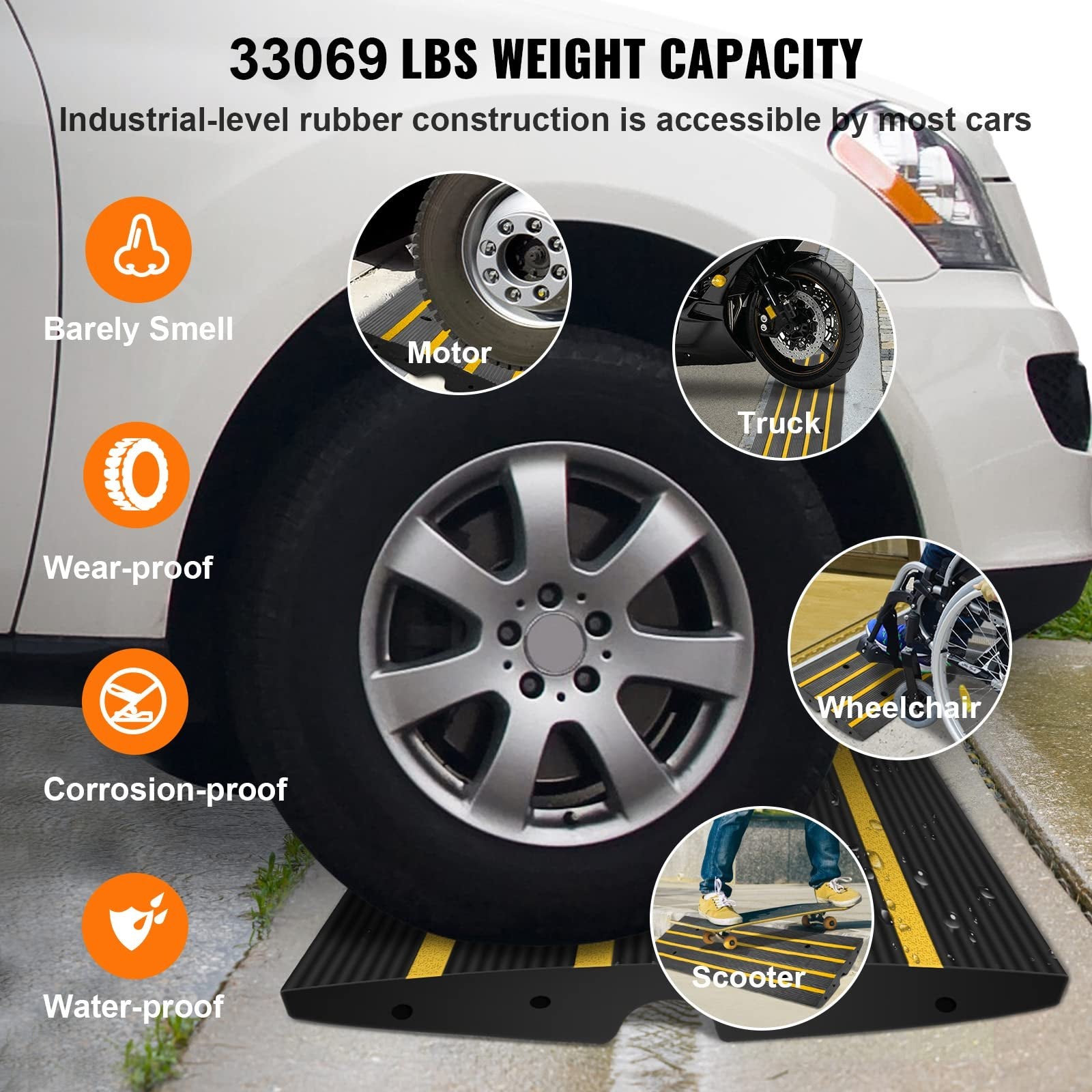 VEVOR Curb Ramp, 6.5 cm Rise Rubber Driveway Ramps, Heavy Duty 15 tons Weight Capacity Threshold Ramp, Curbside Bridge Ramps for Loading Dock Garage Sidewalk, Expandable Full Ramp Set