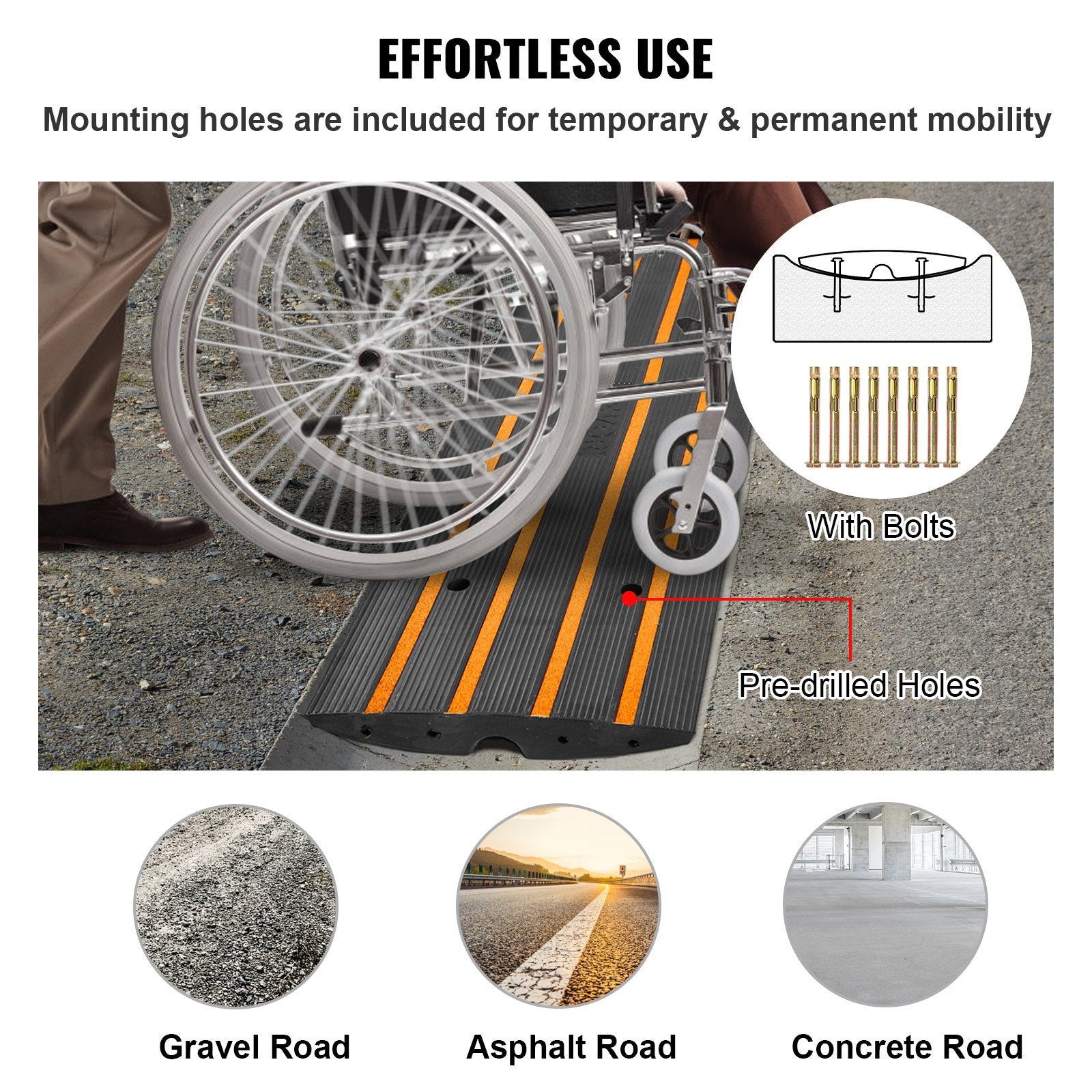 VEVOR Curb Ramp, 2 Pack, 6.5 cm Rise, Rubber Driveway Ramps, Heavy Duty 15 tons Weight Capacity Threshold Ramp, Curbside Bridge Ramps for Loading Dock Garage Sidewalk, Expandable Full Ramp Set