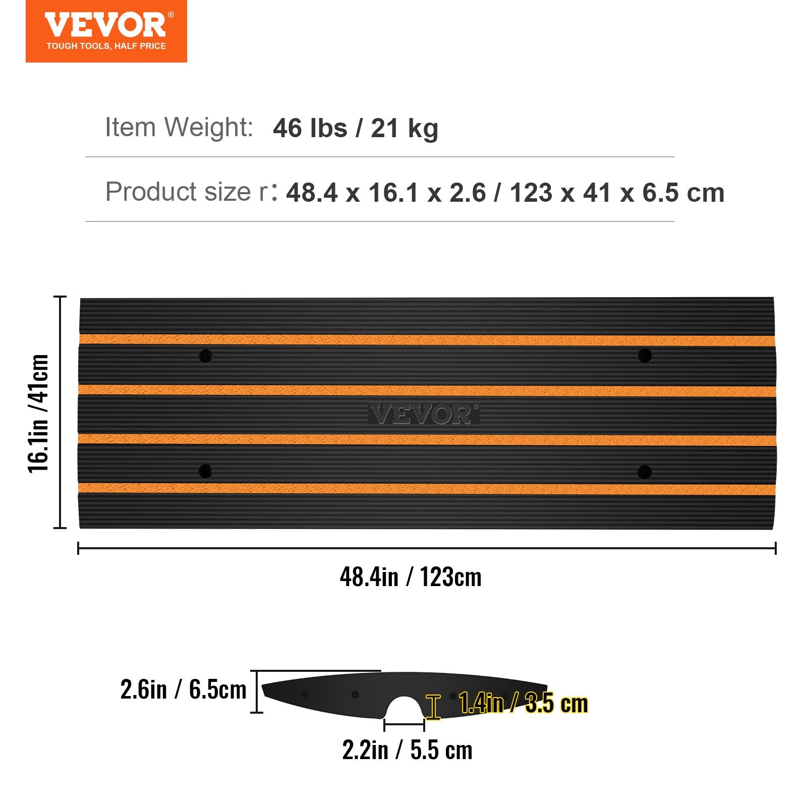 VEVOR Curb Ramp, 2 Pack, 6.5 cm Rise, Rubber Driveway Ramps, Heavy Duty 15 tons Weight Capacity Threshold Ramp, Curbside Bridge Ramps for Loading Dock Garage Sidewalk, Expandable Full Ramp Set