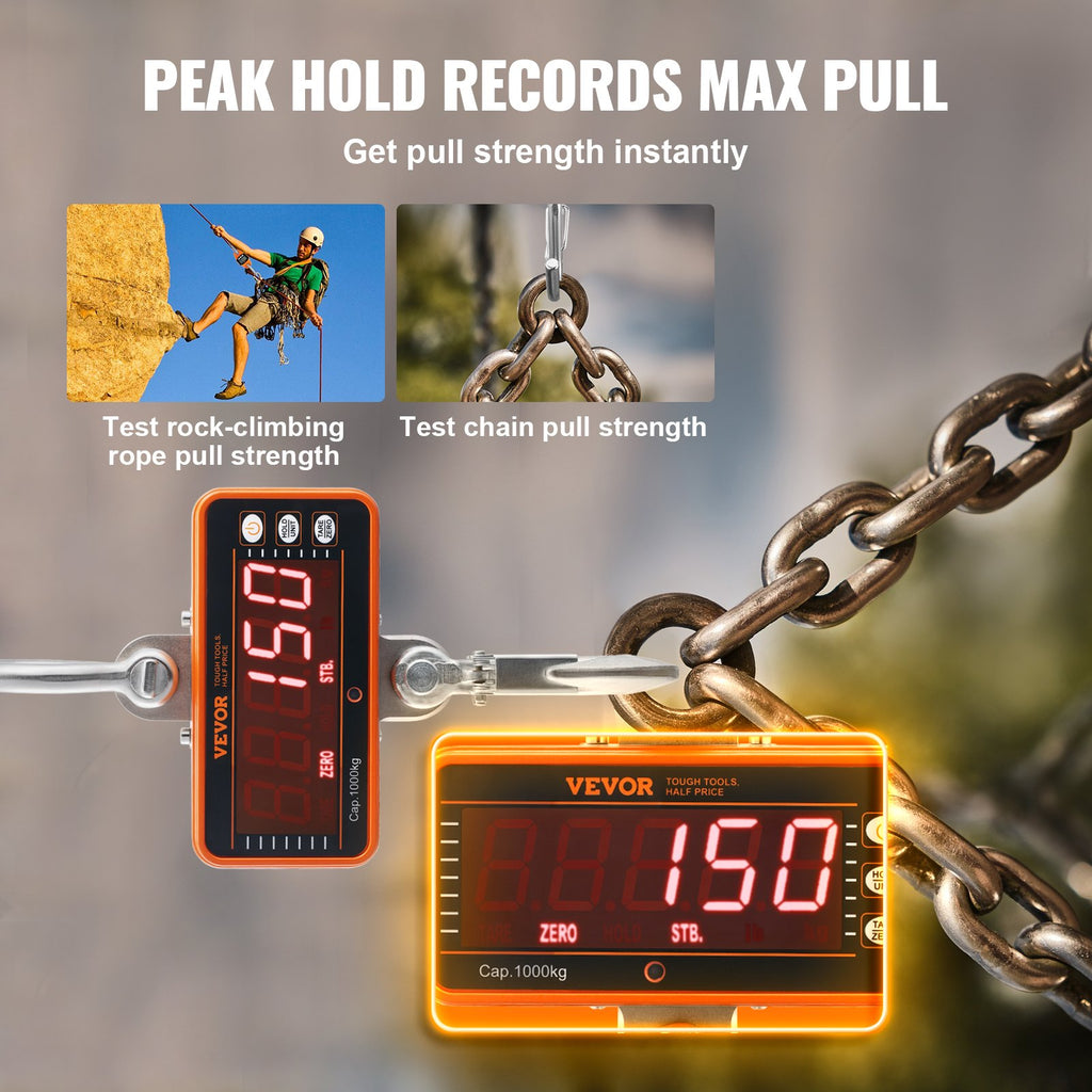 VEVOR Digital Crane Scale, 2200 lbs/1000 kg, Industrial Heavy Duty Hanging Scale with Remote Control, Cast Aluminum Case & LED Screen, High Precision for Construction, Factory, Farm, Hunting (Orange)