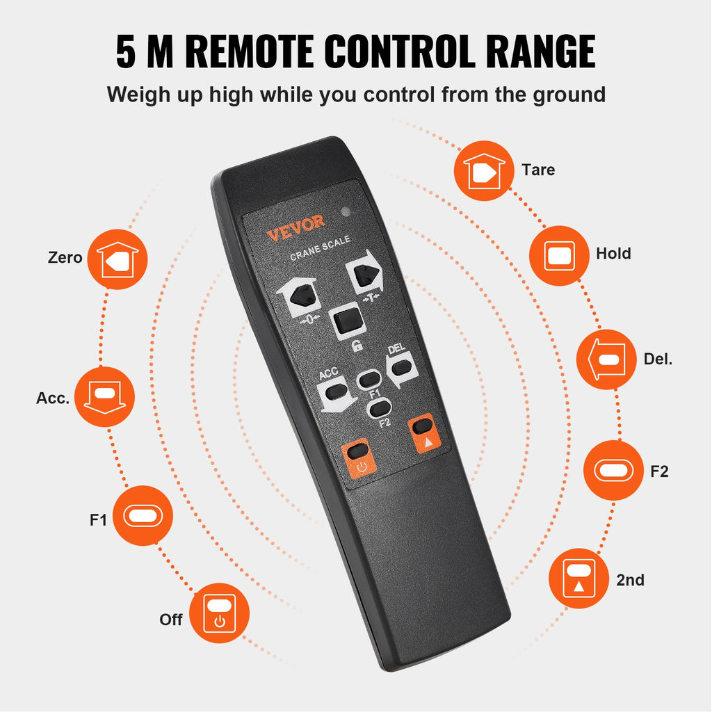 VEVOR Digital Crane Scale, 2200 lbs/1000 kg, Industrial Heavy Duty Hanging Scale with Remote Control, Cast Aluminum Case & LED Screen, High Precision for Construction, Factory, Farm, Hunting (Orange)