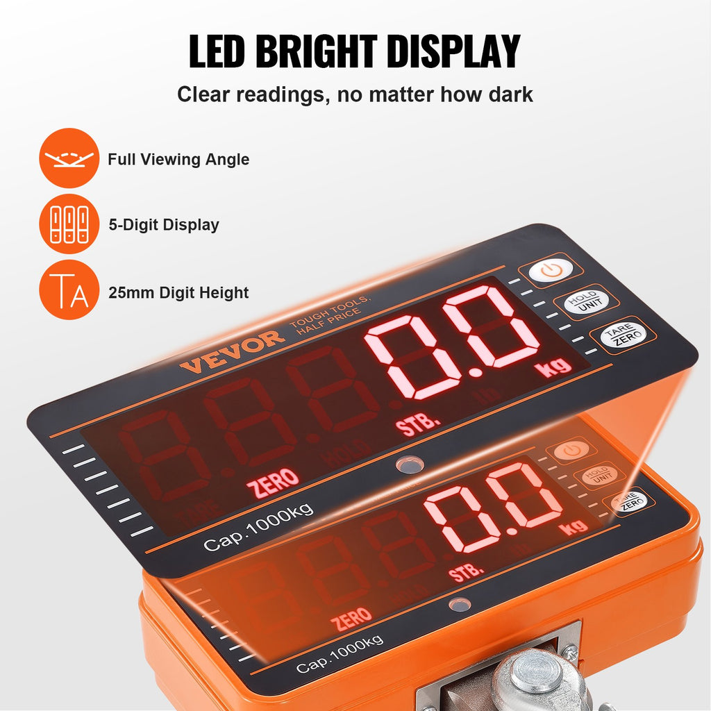 VEVOR Digital Crane Scale, 2200 lbs/1000 kg, Industrial Heavy Duty Hanging Scale with Remote Control, Cast Aluminum Case & LED Screen, High Precision for Construction, Factory, Farm, Hunting (Orange)