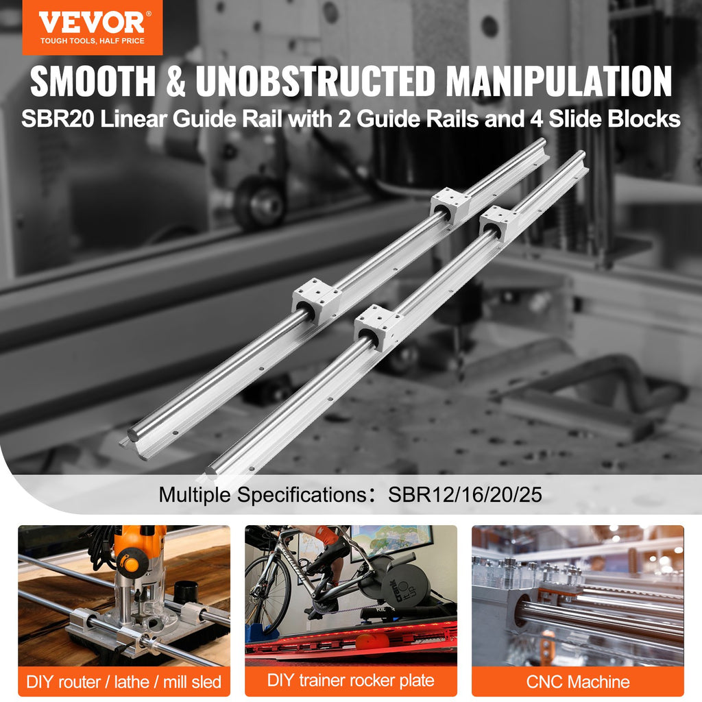 VEVOR Linear Guide Rail Set, SBR20 1000mm, 2 PCS 39.4 in/1000 mm SBR20 Guide Rails and 4 PCS SBR20UU Slide Blocks, Linear Rails and Bearings Kit for Automated Machines DIY Project CNC Router Machines