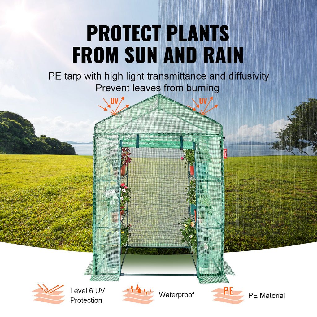 VEVOR Walk-in Green House, 4.6 x 2.4 x  6.7 ft  Greenhouse with Shelves, Set Up in Minutes, High Strength PE Cover with Doors & Windows and Steel Frame, Suitable for Planting and Storage, Green