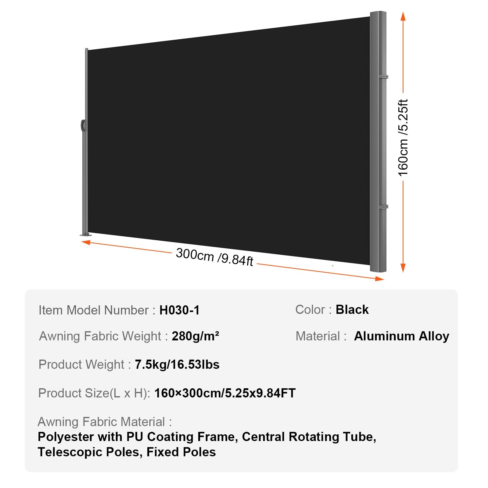 VEVOR Retractable Side Awning, 160X300cm Aluminum Outdoor Privacy Screen, 280g Polyester Water-proof Retractable Patio Screen, UV 30+ Room Divider Wind Screen for Patio, Backyard, Balcony, Black