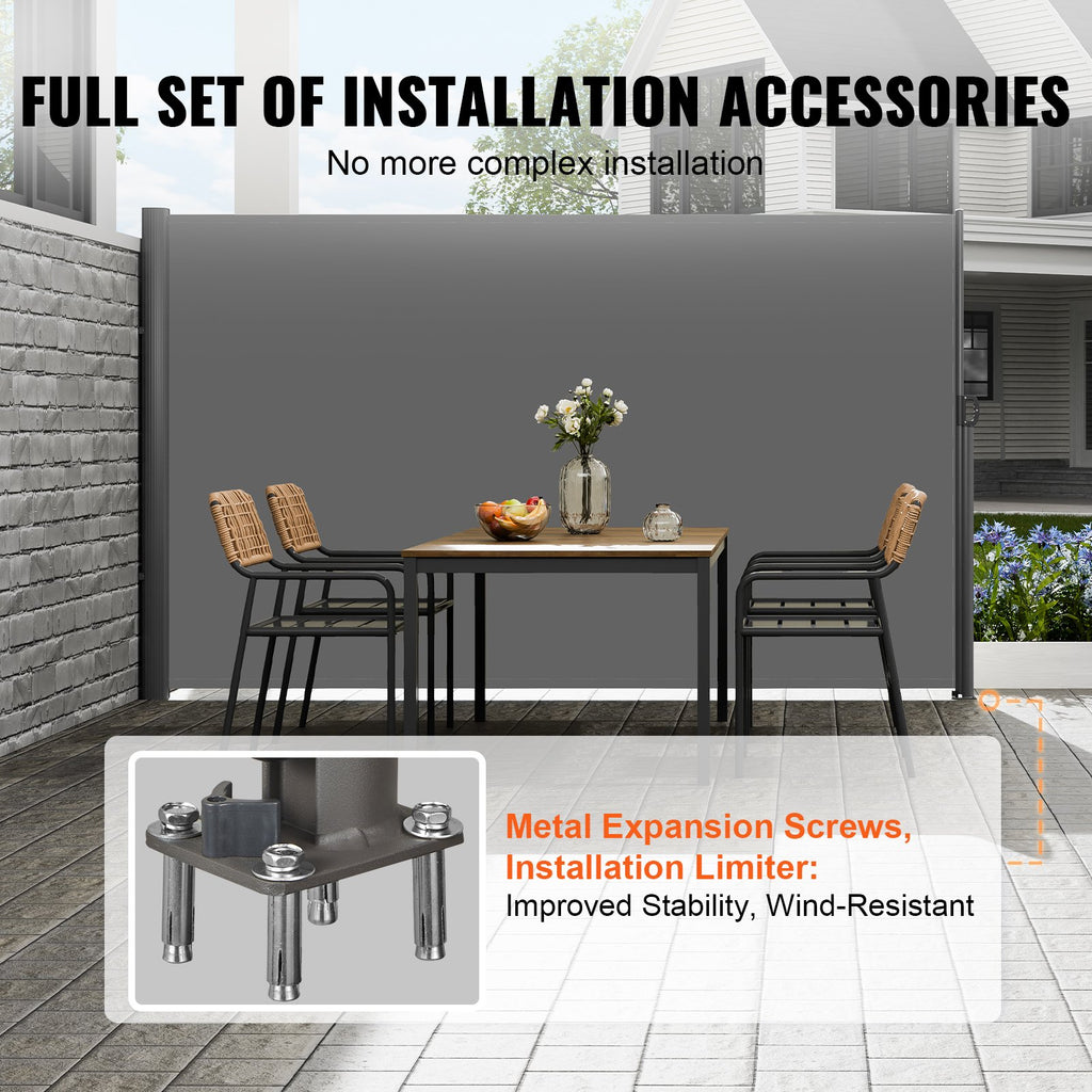 VEVOR Retractable Side Awning, 160X300m Aluminum Outdoor Privacy Screen, 280g Polyester Water-proof Retractable Patio Screen, UV 30+ Room Divider Wind Screen for Patio, Backyard, Balcony, Gray