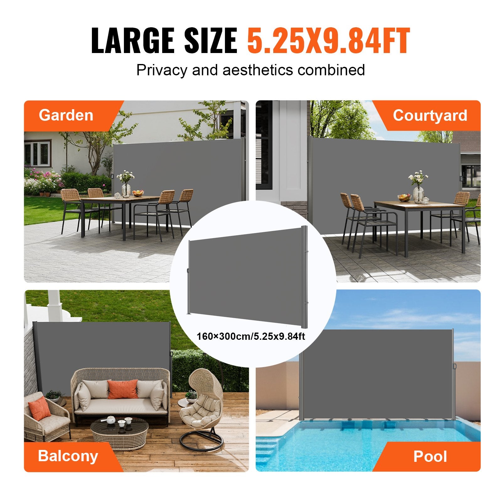 VEVOR Retractable Side Awning, 160X300m Aluminum Outdoor Privacy Screen, 280g Polyester Water-proof Retractable Patio Screen, UV 30+ Room Divider Wind Screen for Patio, Backyard, Balcony, Gray