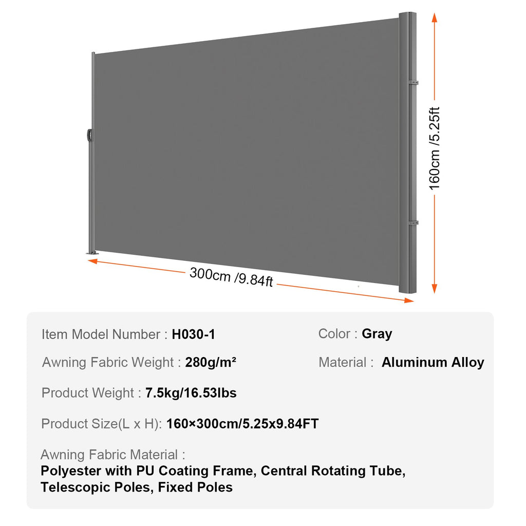 VEVOR Retractable Side Awning, 160X300m Aluminum Outdoor Privacy Screen, 280g Polyester Water-proof Retractable Patio Screen, UV 30+ Room Divider Wind Screen for Patio, Backyard, Balcony, Gray
