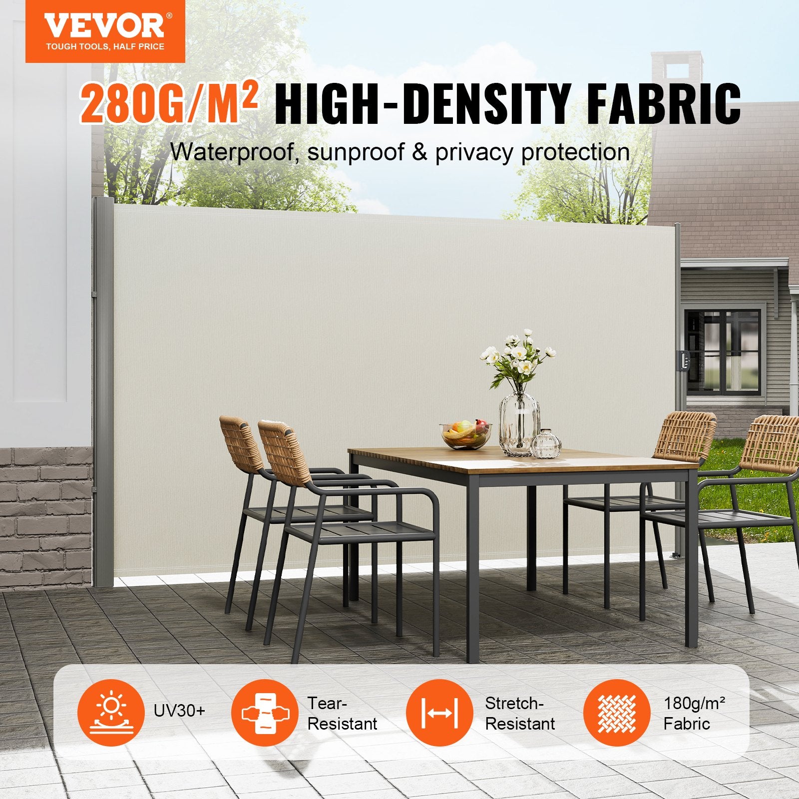 VEVOR Retractable Side Awning,160X300cm Aluminum Outdoor Privacy Screen, 280g Polyester Water-proof Retractable Patio Screen, UV 30+ Room Divider Wind Screen for Patio, Backyard, Balcony, Beige