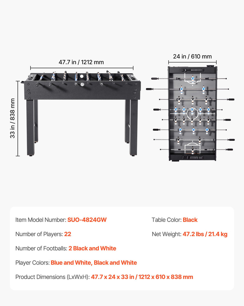 VEVOR Foosball Table, 121 cm Standard Size Table, Indoor Full Size Foosball Tables for Home, Family, and Game Room, Durable Soccer Set, Includes 2 Balls, Score Keeper, and 2 Cup Holders