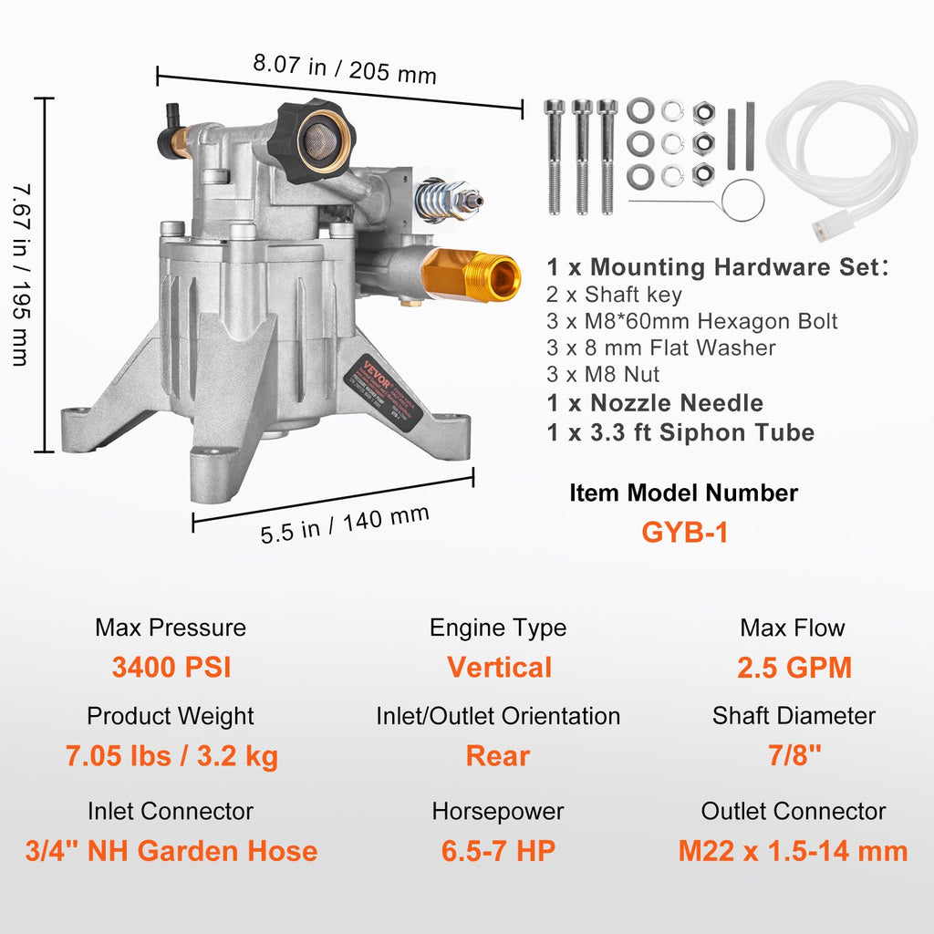 VEVOR Pressure Washer Pump, 22 mm Shaft Vertical, 3400 PSI, 2.5 GPM, Replacement Power Washer Pumps Kit, Parts Washer Pump, Compatible with Honda, Simpson, RYOBI, Briggs & Stratton, Subaru, Craftsman