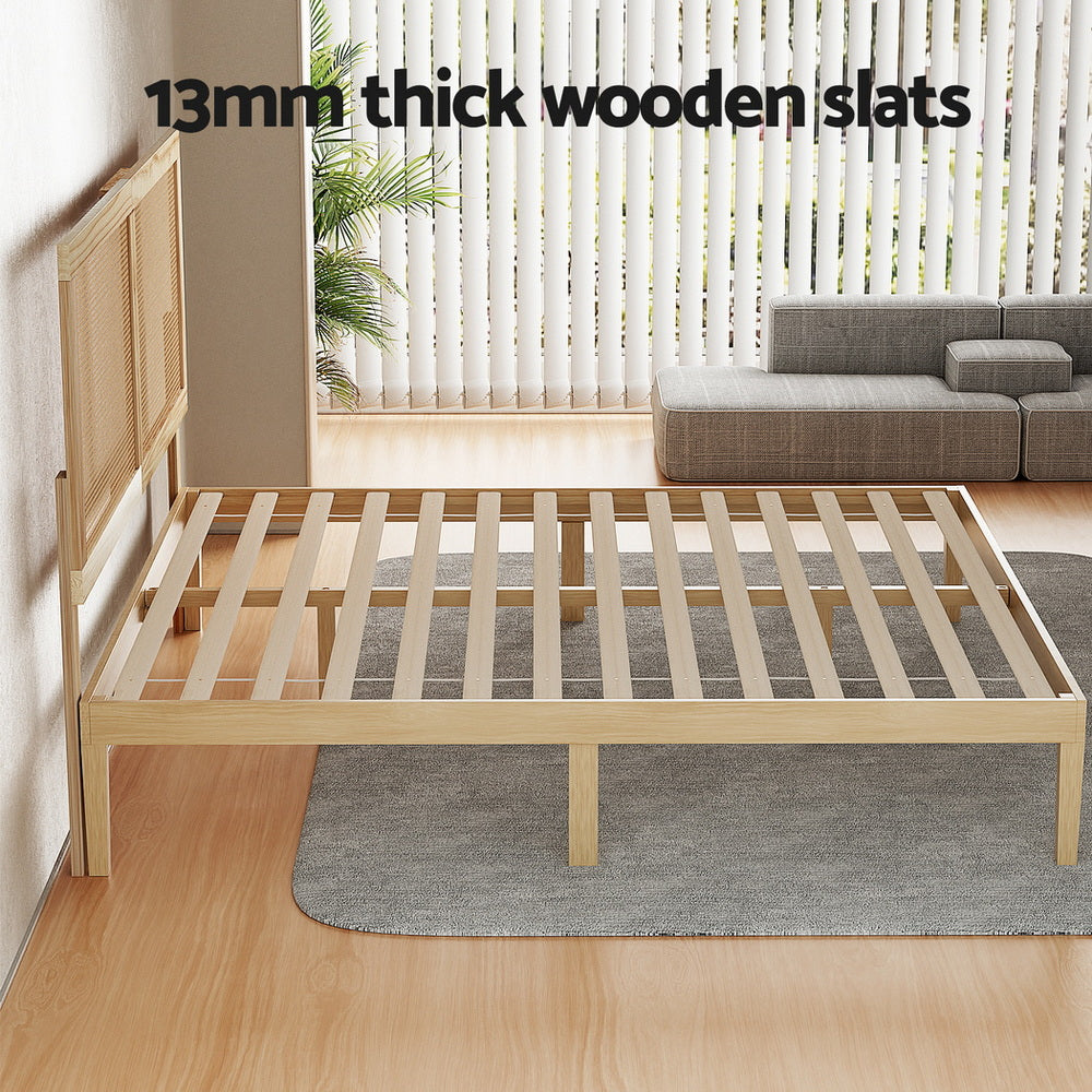 Artiss Bed Frame Queen Size with Rattan Headboard Wooden Bed Base BRUNO