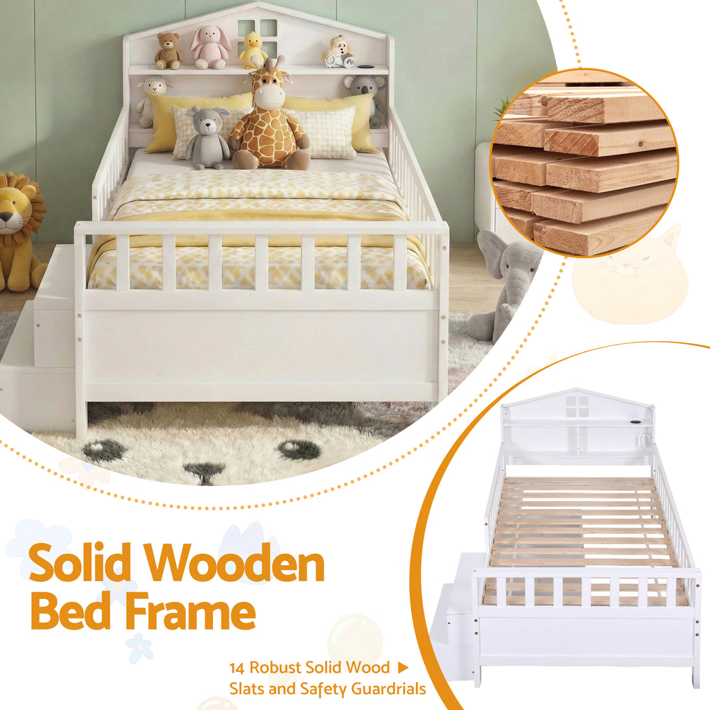 Artiss Single Bed Frame with 2 Storage Drawers, Montessori Bed with Headboard, 2 USB Ports & Led Light, Solid Wood Platform Bed Base with Safety Rail & Ladder, 31CM Under-Bed Storage, White