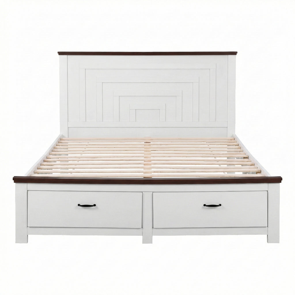 Artiss Double Wooden Bed Frame with 2 Drawer Platform Bed with 108cm Solid High Headboard White Bed Base for Bedroom Easy Assembly