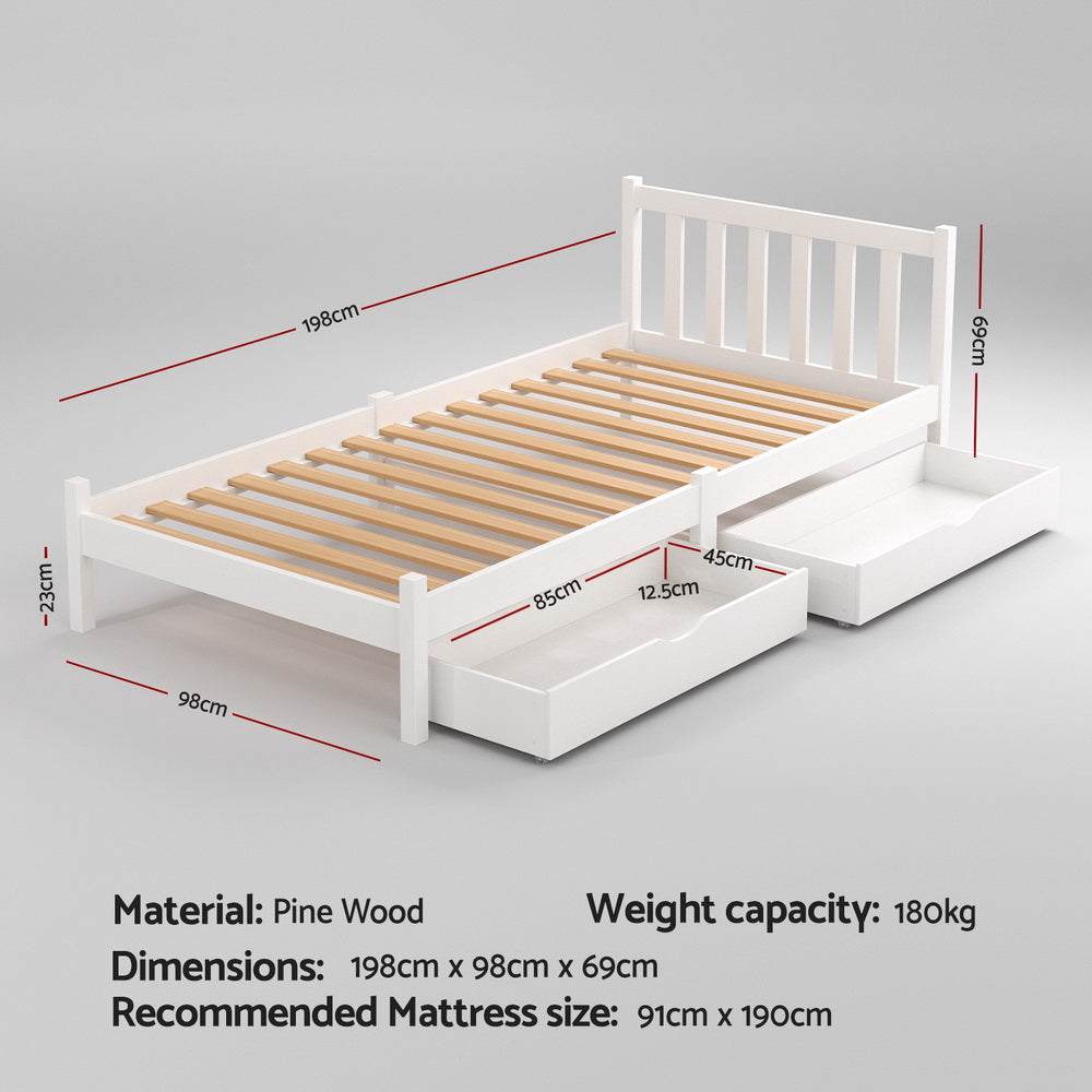 Artiss Bed Frame Single Size Wooden Platform with 2 Storage Drawers White SOFIE