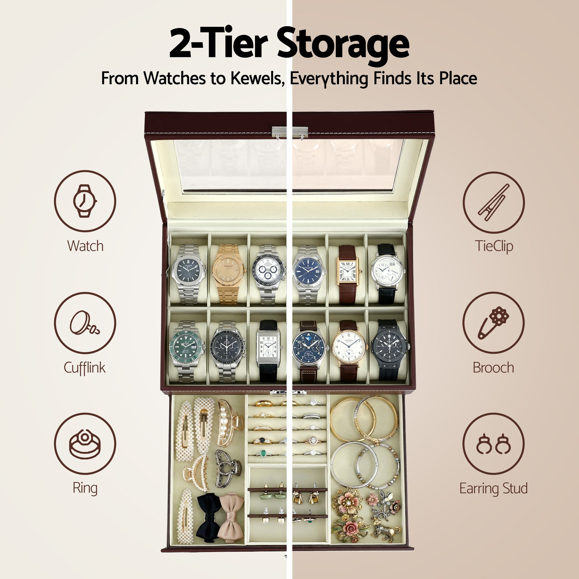 Embellir 12 Grids Watch Box Organizer Case Jewelry Display Storage Showcase