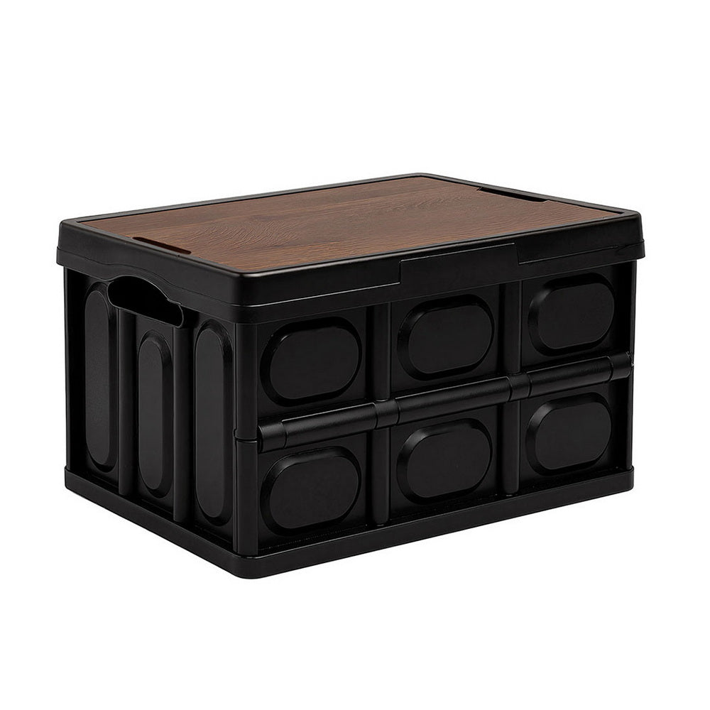 Gardeon Collapsible Outdoor Storage Box 50L Stackable Folding Camping Organizer Plywood Lid Black