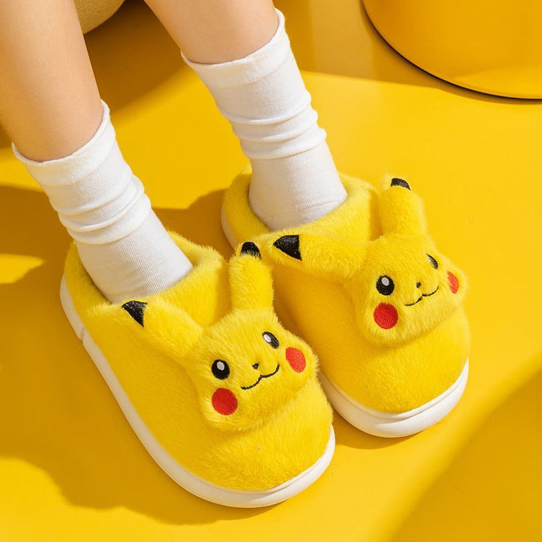 Cute Pokemon Pikachu Winter Plush Anti-Slip Slippers Shoes Creative Character Cartoon Cotton Fur Slides Indoor Warm Adults Slipper