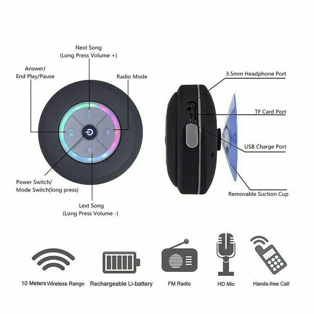 Bluetooth LED Waterproof Speaker Wireless Shower Music Stereo Handsfree Portable